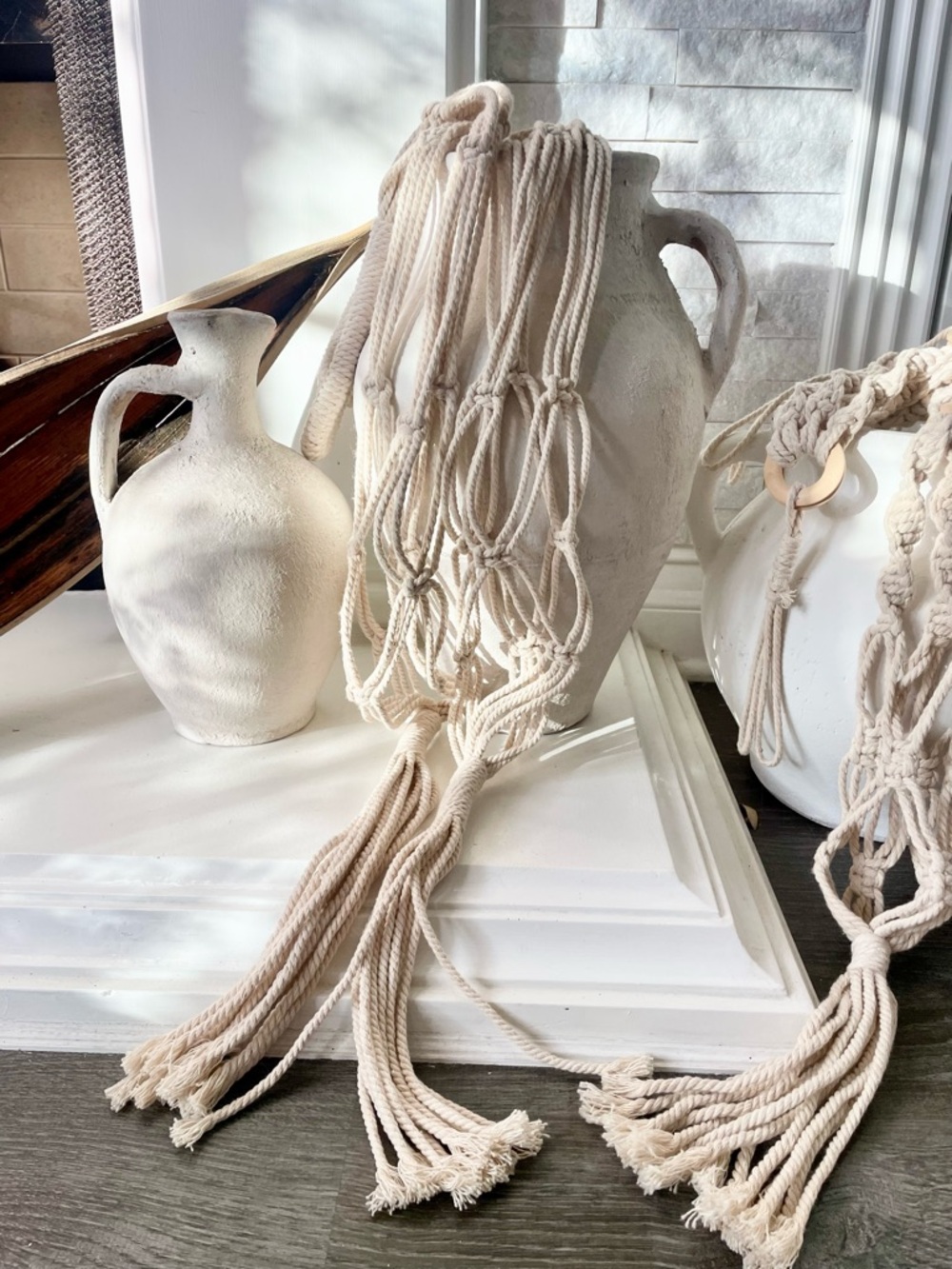 SET OF 4 Handmade Cream Macramé Plant Hanger - Neutral Home Accents - Picture 2 of 6